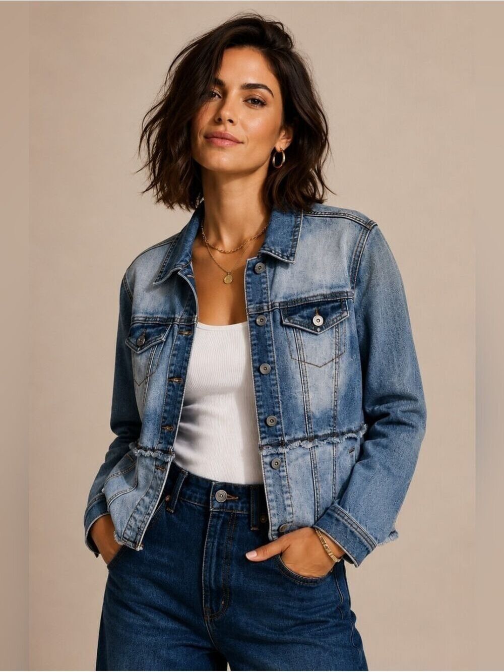 TRIBAL JEANS DENIM JEAN JACKET DISTRESSED STRETCH SIZE MEDIUM EUC